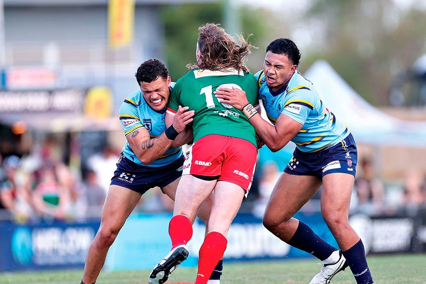 HARD YARDS: Seagulls prop Jordan Grant powers into the Devils defence during Sunday’s cliff-hanger loss. PHOTO: Alan Drinnen