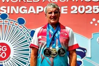 Bob Patterson with his haul of World Masters Swimming Championships medals.