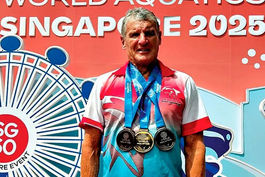 Bob Patterson with his haul of World Masters Swimming Championships medals.