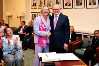 Kara Cook pictured with Prime Minister Anthony Albanese.