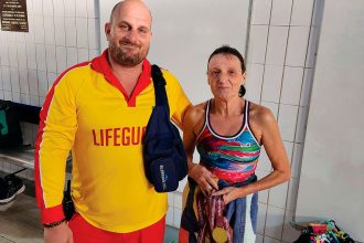 INSPIRATIONAL: Lisa Trendle with Sleeman Sports Complex lifeguard Mike.