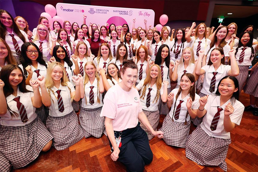 CUTTING LOOSE: The Chop participants with Mater Private Hospital Redland Breast Care Nurse Janice Butler.