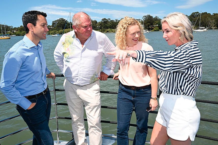 David Crisafulli with Russell Field, Amanda Stoker and Rebecca Young on board the ferry A.L Robb on Moreton Bay during last year’s election campaign.