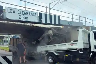 A truck carrying a backhoe slammed into the Pine St Bridge last Wednesday.