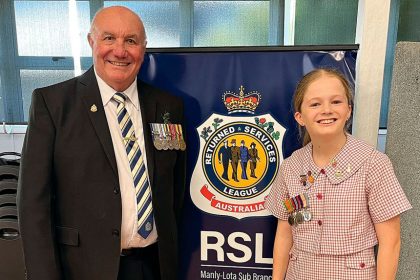 Manly Lota RSL President Harry Pregnell with Jessica Hawkins. Photo: Harvey Shore