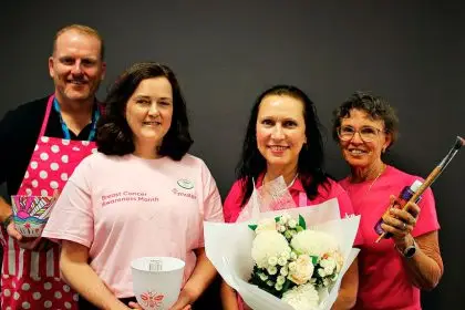 Caption: General Manager of Mater Redlands Chris Junge, Mater Redlands breast care nurse Janice Butler, Creative Express art therapist Clancy Follett, and Jenny Cattarossi celebrate 150 sessions for the group.
