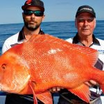 Greg Lamprecht and father Terry Lamprecht snag a 15kg red emperor off Fraser Island.