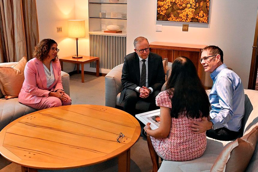 EMOTIONAL TIME: Employment Minister Amanda Rishworth and Prime Minister Anthony Albanese meet with Baby Priya’s parents at Parliament House in Canberra.