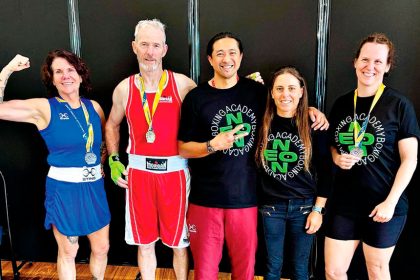 MASTERFUL DISPLAY: Neon Boxing Academy’s successful Masters boxers with coach Neon Leon.