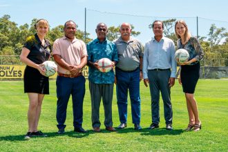 TEAM EFFORT: Cr Alex Givney, Temotu/Nendo MP Stephen Kumi, Prime Minister Jeremiah Manele, Wynnum Wolves President Rabieh Krayem, Solomon Islands High Commissioner to Australia Robert Sisilo and Cr Lisa Atwood.