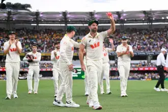 Australian bowler Michael Neser celebrates after taking five wickets on Day 4 of the Second Ashes Test between Australia and England at The Gabba. PHOTO: AAP Image/Dave Hunt