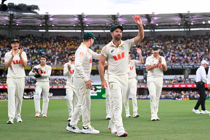 Australian bowler Michael Neser celebrates after taking five wickets on Day 4 of the Second Ashes Test between Australia and England at The Gabba. PHOTO: AAP Image/Dave Hunt