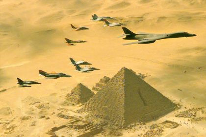 In 1999, a US Air Force B-1B Lancer bomber led a flight of multi-nation aircraft over the Great Pyramids of Giza.
