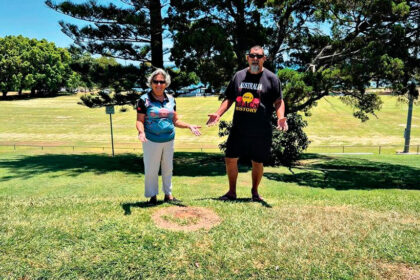 POLE GONE: MMEIC Chairperson Mary Burgess and MMEIC Director Dale Ruska at the site.