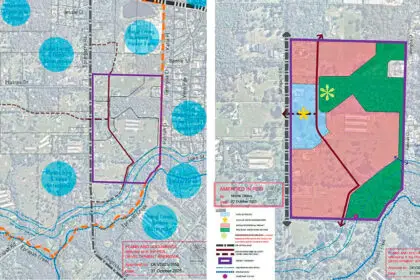 (Left) A plan of the proposed subdivision. (Right) The land use plan for Stage 1.