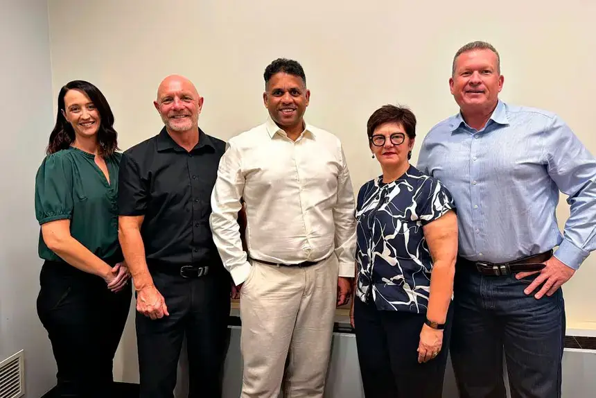 From left, March Ahead operations manager Sarah Brooks, Councillor Peter Mitchell, March Ahead Associate Professor Charana Perera, Hub68’s Jo Munday and Councillor Paul Gollé.