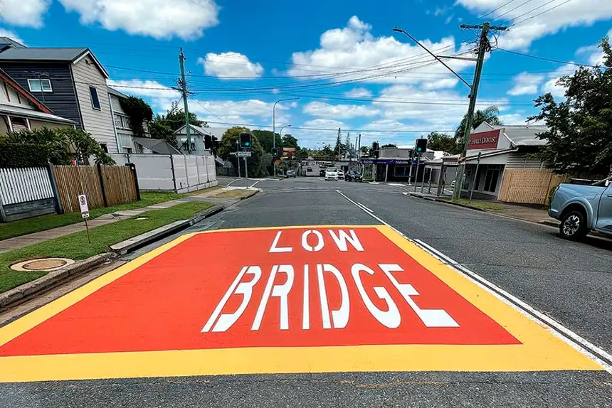 WARNING SIGN: The prominent road markings aim to reduce bridge strikes at Pine St.