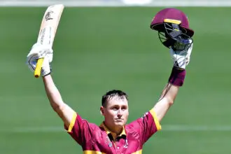 RAGING BULL: Star Bulls batsman Marnus Labuschagne celebrates a previous century against South Australia at the Gabba. PHOTO: AAP Image/Darren England