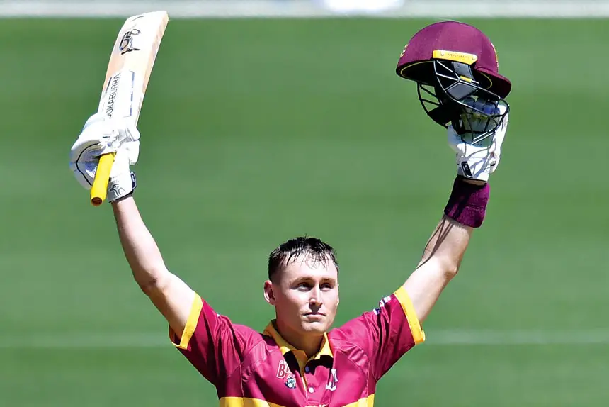 RAGING BULL: Star Bulls batsman Marnus Labuschagne celebrates a previous century against South Australia at the Gabba. PHOTO: AAP Image/Darren England