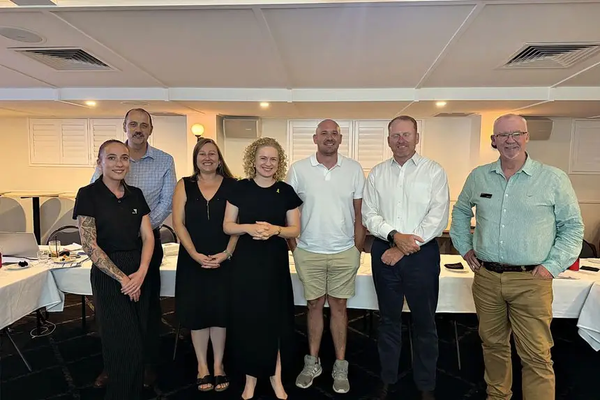 From left: Grace Tobin, RJC Chair Des Kerr, Project Manager Kate Adams, State Member for Oodgeroo Amanda Stoker, sub-committee chair of hospitality and tourism Gordon McGregor, sub-committee chair of health Chris Junge, and Wayne Lee