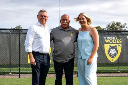 GOOD NEWS: Federal Minister Murray Watt, Wolves Football Club President Rabieh Krayem and Kara Cook MP.