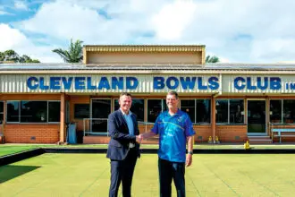 HELPING HAND: Carina Leagues Club CEO Adam Wiencke and Cleveland Bowls Club Chairman Darryl McConochie.