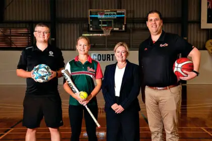 MAKING BIG STRIDES: Robert Quigley from Football Queensland, Tamieka Whitefield from Redlands Softball Association, Redland City Mayor Jos Mitchell and Chris Angus from RedCity Roar Basketball Association.