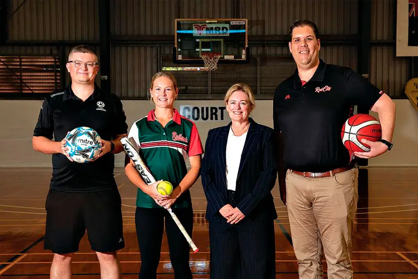 MAKING BIG STRIDES: Robert Quigley from Football Queensland, Tamieka Whitefield from Redlands Softball Association, Redland City Mayor Jos Mitchell and Chris Angus from RedCity Roar Basketball Association.