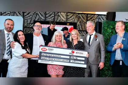 GREAT RESULT: From left, Jones Retail Group CEO David Kindt, The Cage Youth Foundation General Manager Angie Bowers, The Cage Youth Foundation Founder Peter Grieve, The Cage Youth Foundation Founder Linda Grieve, Heart of the Community Foundation Founder and Jones Retail Group owner Leanne Jones, Managing Director and owner Jones Retail Group Tyrone Jones, and Brisbane Racing Club Chairman Richard Morrison.