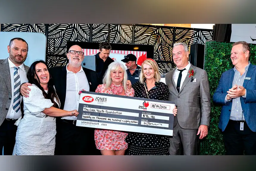 GREAT RESULT: From left, Jones Retail Group CEO David Kindt, The Cage Youth Foundation General Manager Angie Bowers, The Cage Youth Foundation Founder Peter Grieve, The Cage Youth Foundation Founder Linda Grieve, Heart of the Community Foundation Founder and Jones Retail Group owner Leanne Jones, Managing Director and owner Jones Retail Group Tyrone Jones, and Brisbane Racing Club Chairman Richard Morrison.