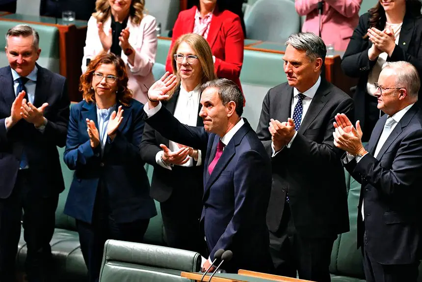 Federal Treasurer Jim Chalmers acknowledges the galleries after delivering the 2026-27 Federal Budget in the House of Representatives at Parliament House in Canberra. PHOTO: AAP Image/Lukas Coch