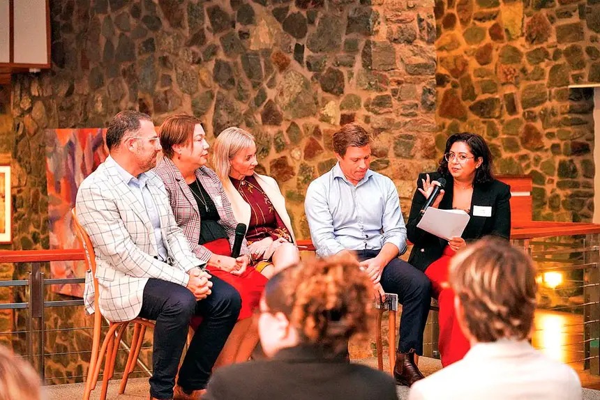 PANEL DISCUSSION: From left, Redland City Council General Manager Infrastructure and Operations Chris Isles, Queensland Government State Planner Peta Harwood, State Member for Redlands Rebecca Young , Economic Development Queensland CEO Julian Simmonds, and Champion Redlands Coast CEO Cindy Corrie.