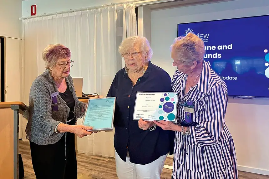 WELL EARNED: Carolyn Watson, centre, was presented with a Certificate of Appreciation by President Val Eckard on behalf of Redlands VIEW Club. Long-time member Nerelle Brown is on the left.