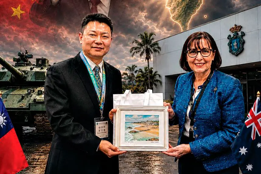 BUILDING BONDS: Kaohsiung City Council Deputy Speaker Tseng Chun-Chieh and Redland City Acting Mayor Julie Talty exchange gifts.