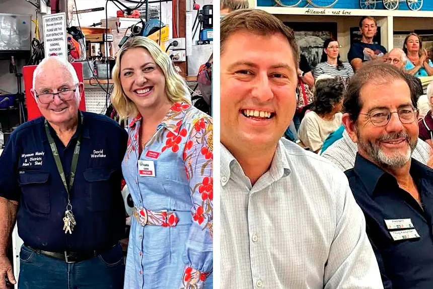 (Left) David Westlake with Kara Cook MP. (Right) Doug Alexander with Henry Pike MP.