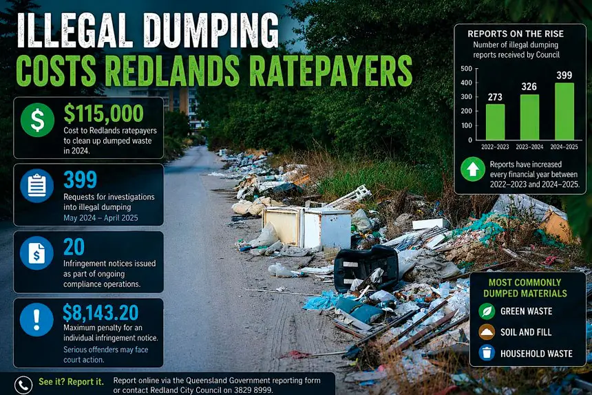 HIGH PRICE: Illegal dumping costs ratepayers $115,000 to clean up in 2024. Note: Photo in graphic was not taken in the Redlands.