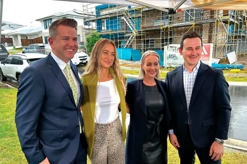 GREAT OUTCOME: Deputy Premier Jarrod Bleijie, first home buyer Vee Grozdanic, Rebecca Young MP and Minister for Housing and Public Works Sam O’Connor.