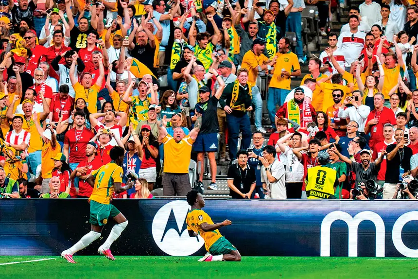 Mohamed Toure watches as Nestory Irankunda celebrates his goal for Australia in the first half during the FIFA World Cup 2026 group stage match against Turkey, in Vancouver. PHOTOS: AAP/IMAGE