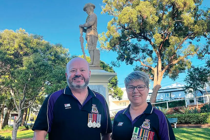 Bruce Christensen and Fiona Ewington at the Manly War Memorial. PHOTO: Harvey Shore