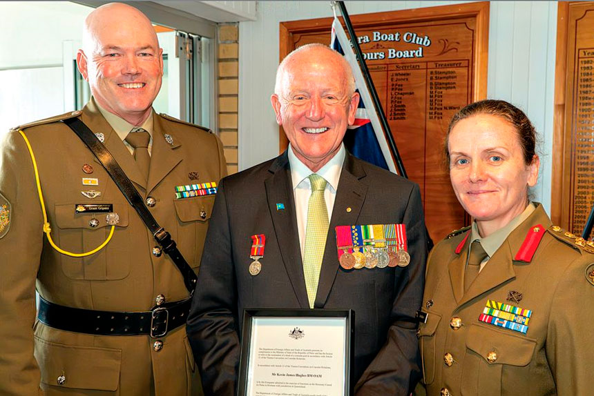 Honorary Consul Kevin Hughes with Brigadier Jen Harris CSC Commander of the 7th brigade Gallipoli Barracks Enoggera and Regimental Sergeant Major Grant Gripske (RSM) 7th Brigade.