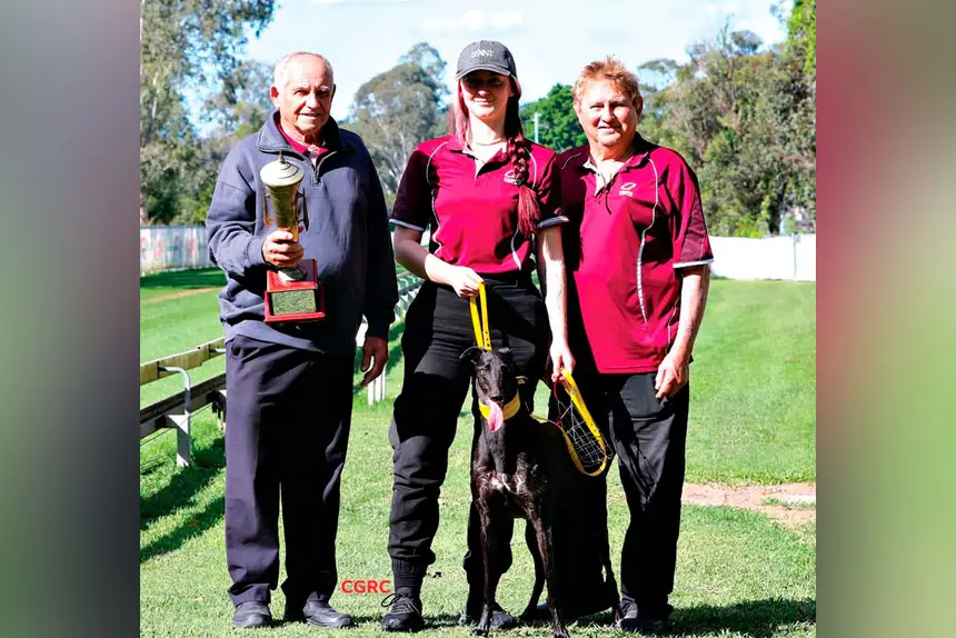 Zipping Chebet with her winning connections. PHOTO: Capalaba Greyhound Club