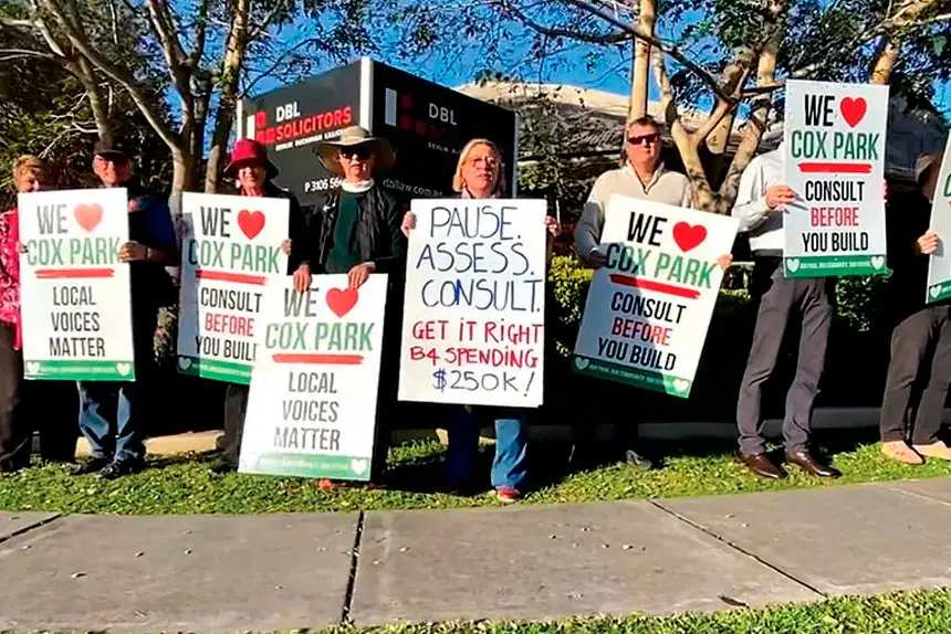 PROTEST ACTION: The Wynnum Manly Community Group has called for construction to be halted amid concerns about noise, safety, consultation and the loss of a community hardstand.