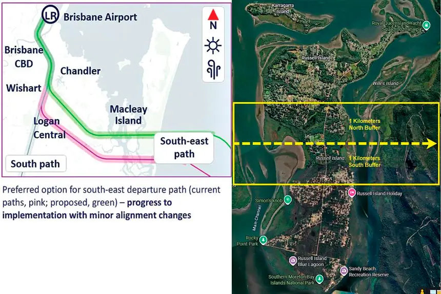 ABOVE: A map from the Airservices Australia website. RIGHT: A map detailing the two-kilometre leeway, prepared by the SMBI Flight Path Action Group and never previously published.