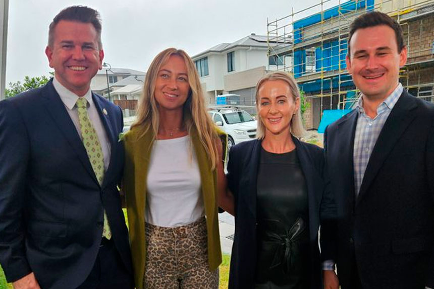 Deputy Premier Jarrod Bleijie, aspiring first home buyer Vedrana Grozdanic, Rebecca Young MP and Housing Minister Sam O’Conner.