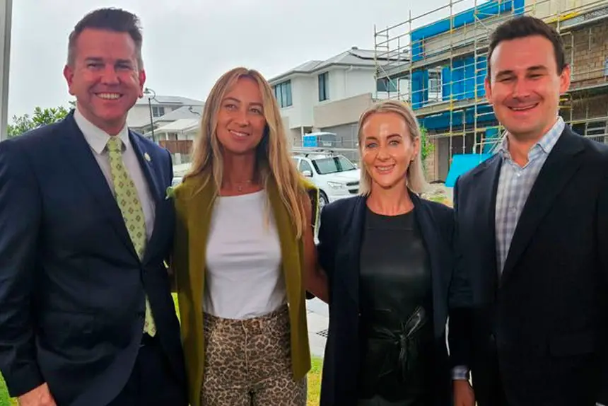 Deputy Premier Jarrod Bleijie, aspiring first home buyer Vedrana Grozdanic, Rebecca Young MP and Housing Minister Sam O’Conner.
