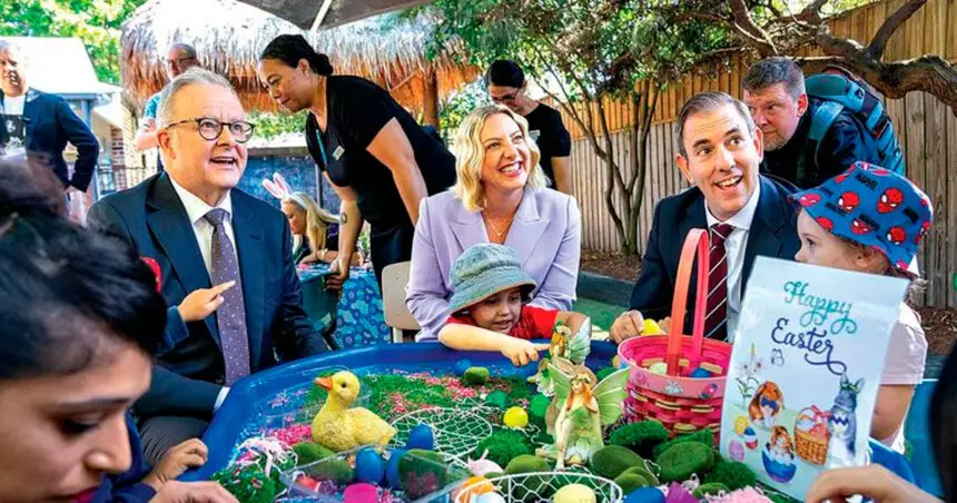EDUCATION WIN: Anthony Albanese, Kara Cook and Jim Chalmers are promoting the new legislation.