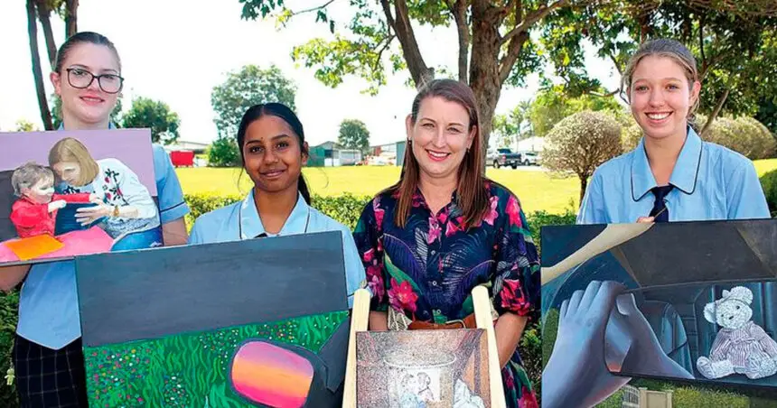 Art excellence winners Charlotte Boyce, Manaswini Vanam, teacher Katherine Johnson and Zane Van Schalkwyk of Faith Lutheran College reflect on their success.
