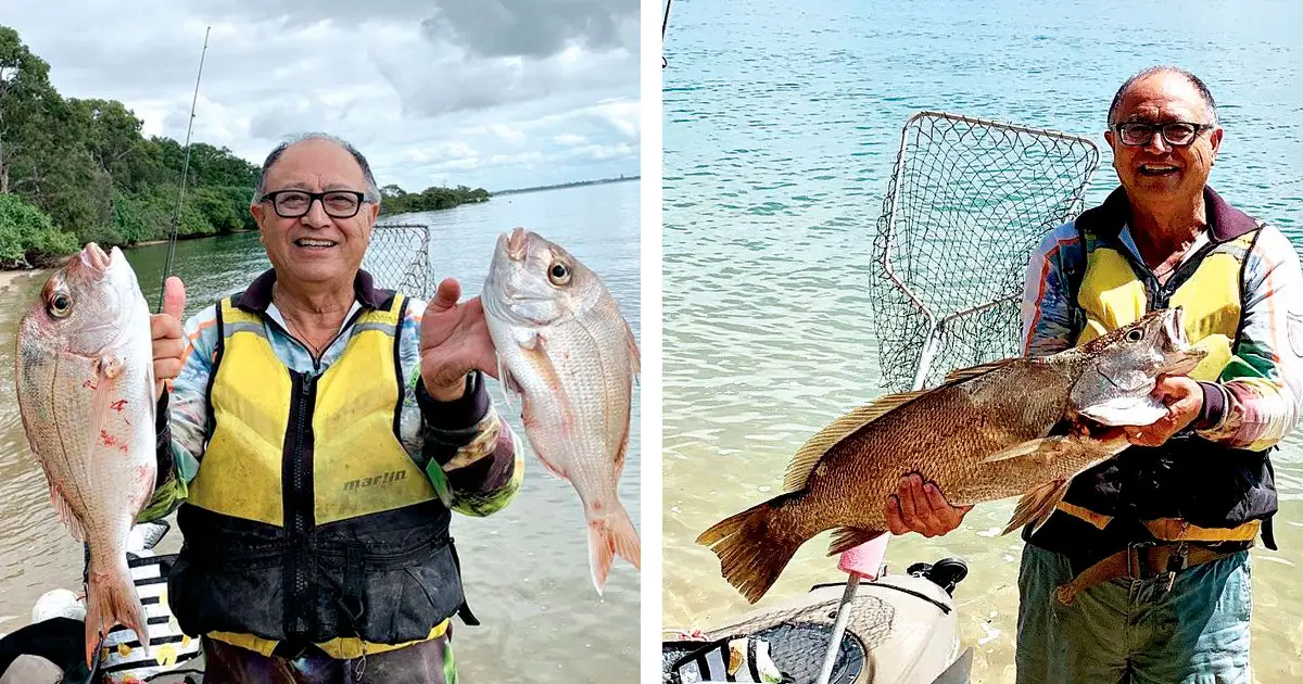 TWO GOOD: Fisherman Michael des David with two snapper caught off Coochiemudlo.