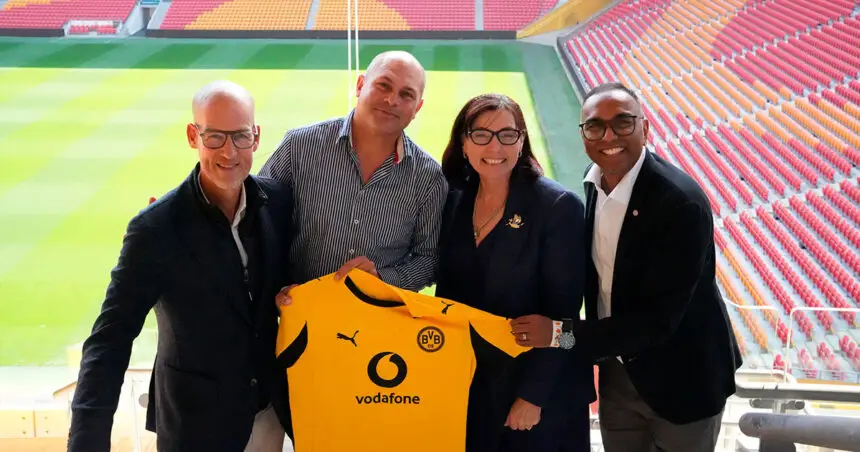 Dortmund managing director Carsten Cramer, QYAC chair Cameron Costello, Redland City Acting Mayor Julie Talty and Managing Director Asia Pacific for Borussia Dortmund Suresh Letchmanan at Suncorp Stadium.