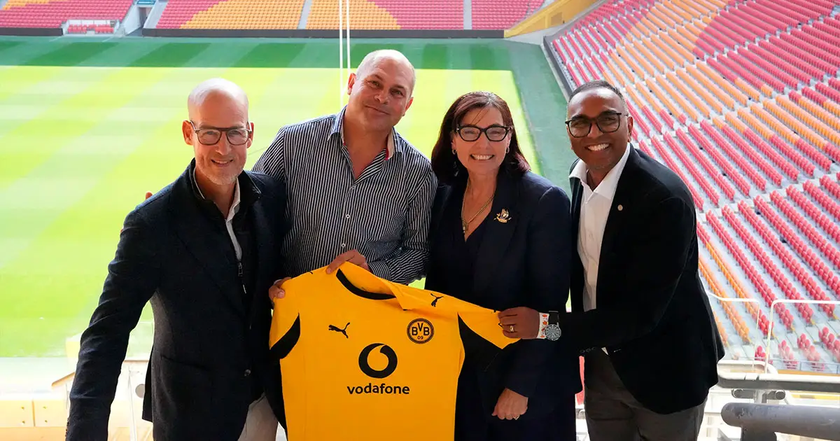 Dortmund managing director Carsten Cramer, QYAC chair Cameron Costello, Redland City Acting Mayor Julie Talty and Managing Director Asia Pacific for Borussia Dortmund Suresh Letchmanan at Suncorp Stadium.